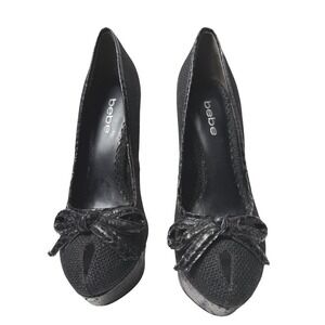 Bebe 2000s Platform Pumps Black Bow Peep Toe 5 Inch Heel Size 6M